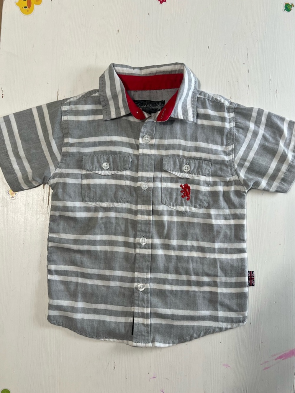 English laundry Boys' Gray & White Striped Short-Sleeve Shirt with Red Accent 4T